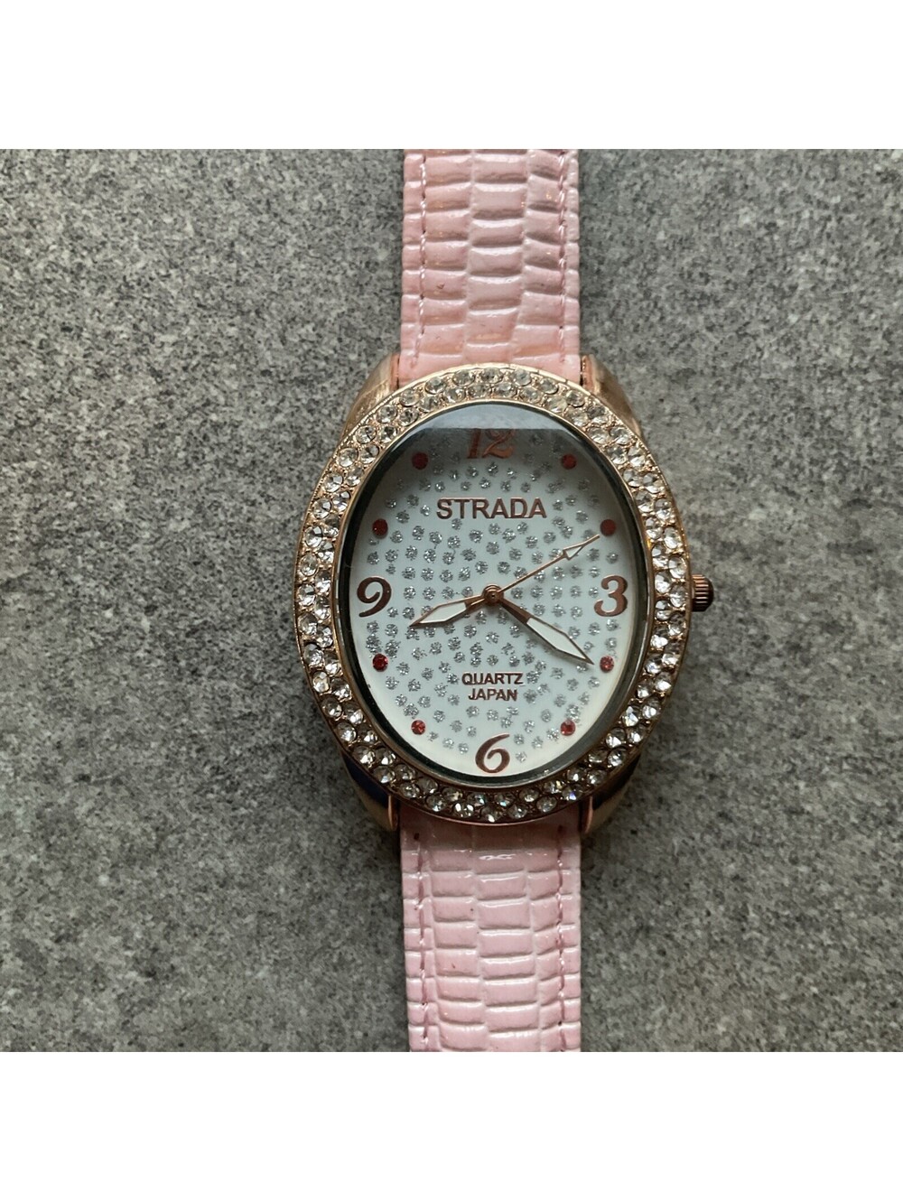 Strada Oval Shaped Watch Rhinestones Bezel Pink Leather Band Rose Gold Plated BX